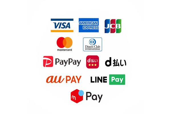 対応キャッシュレス決済一覧（VISA・American Express・JCB・Mastercard・Diners Club・PayPay・d払い・au PAY・LINE Pay・メルペイ）